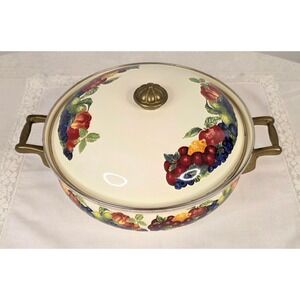 Lincoware Enamelware Fruit Harvest Dutch Oven Casserole Brass Handles 10in